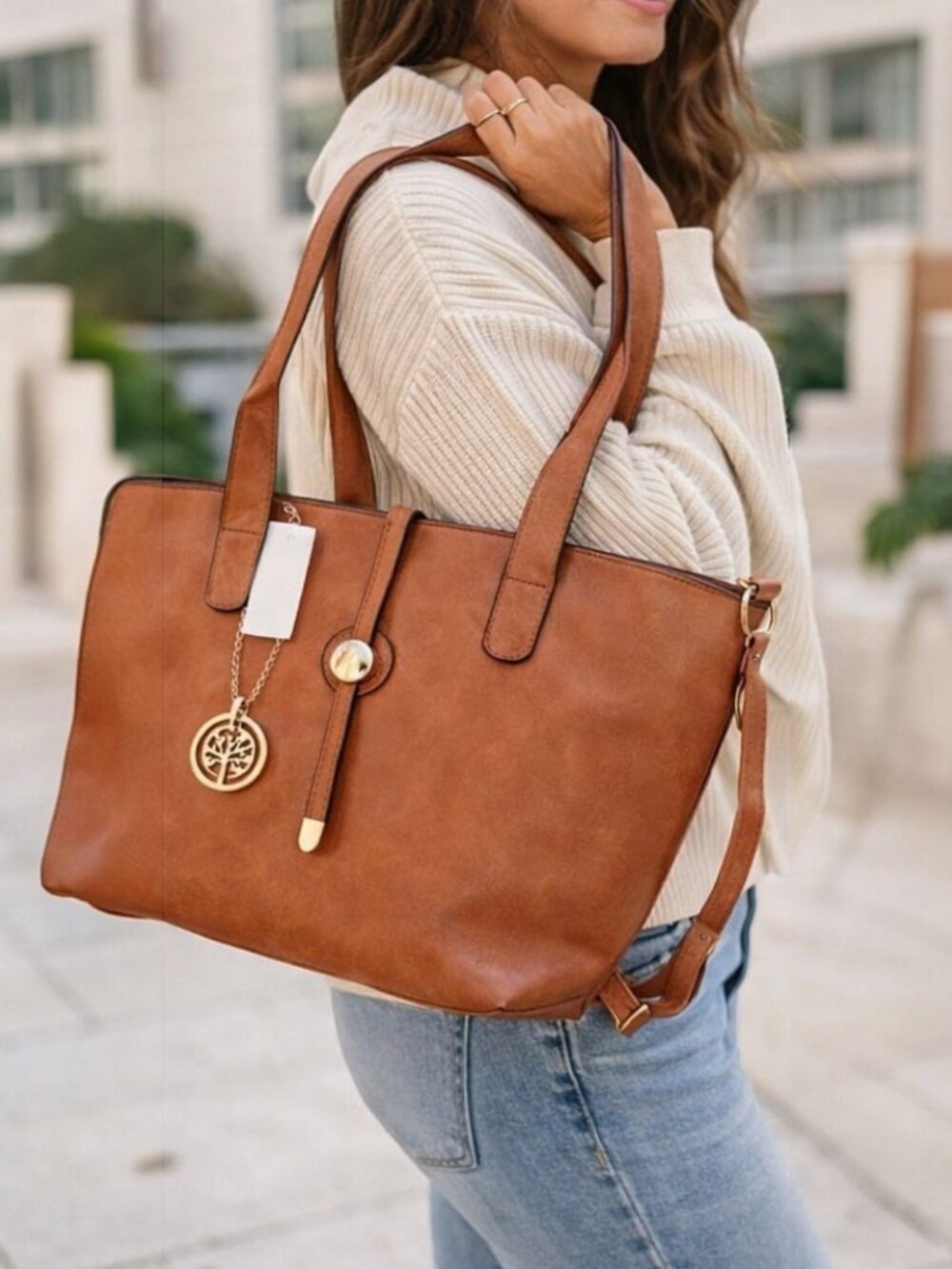 Tan Faux Leather Tote Bag with Shoulder Strap & Gold Hardware Handbag - Picture 5 of 9